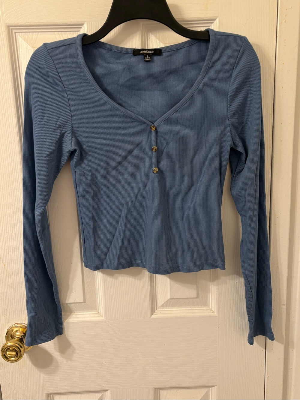 Ambiance Dusty Blue Ribbed Henley Long Sleeve Top